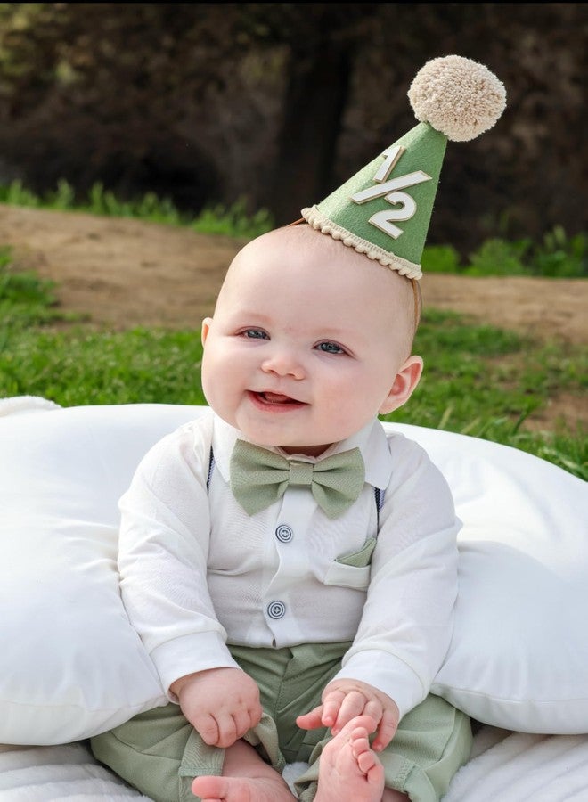 Finduat Baby 1/2 Birthday Hat, Half Birthday Party Hat, 6 Months Celebration Cone Hat with Pom Pom, Sage Green for Girls/Boys - Image 2